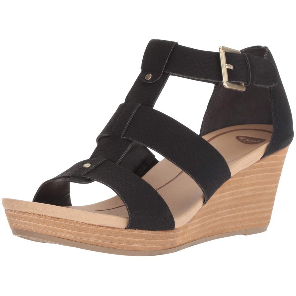 NWT Dr. Scholl's Womens Barton Wedge Platform Sandal F6474S1 Black Snake 6M